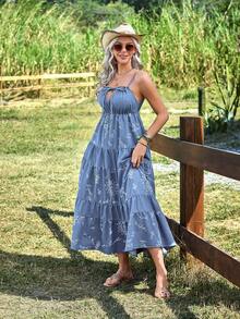 Breezaya 女士西部风格前系带旭日图案吊带牛仔中长连衣裙 - 藍色 - 查看 3