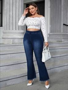 EMERY ROSE Quần jeans ống loe dáng rộng thoải mái, đa năng dành cho nữ cỡ lớn, thích hợp mặc hàng ngày. - Rửa tối - Xem 3