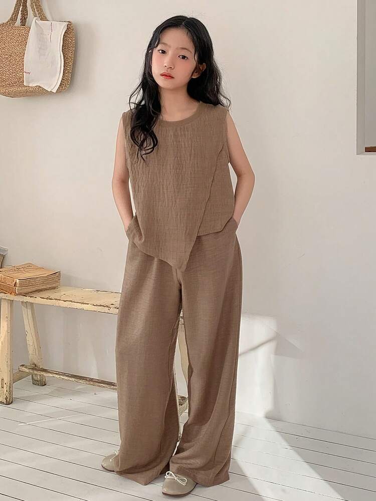 Tween Girls' Casual Vacation & Commute Minimalist Solid Color Asymmetrical Hem Loose Sleeveless Top And Wide Leg Pants Set Summer