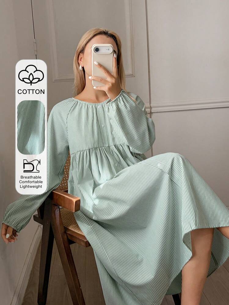 Fresh Green Striped Pleated Collar Loose Lantern Sleeve Women's Nightgown