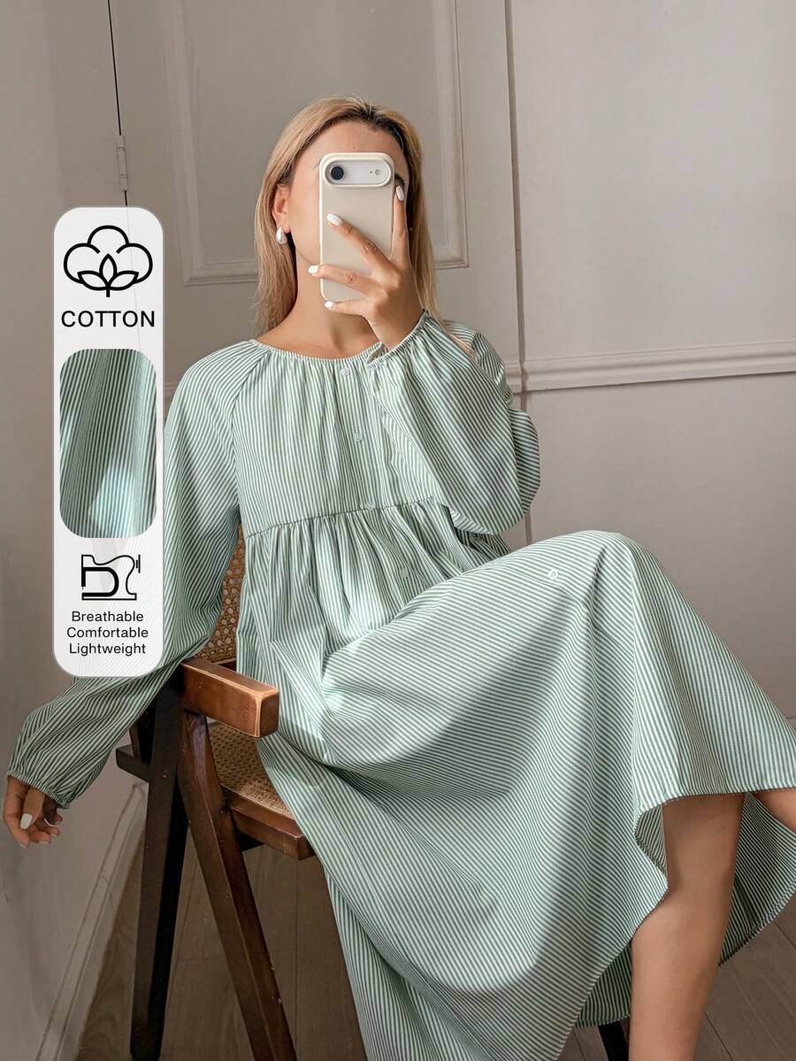 DAZY 清新绿色条纹褶皱领宽松灯笼袖女士睡裙 - 綠色 - 查看 1