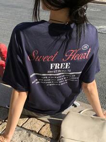 DAZY Teen Girl Slogan Print Round Neck Loose Casual Short Sleeve T-Shirt Summer - Navy Blue - View 1