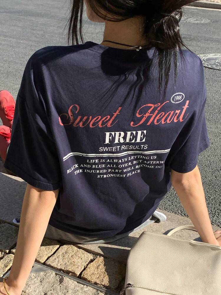 Teen Girl Slogan Print Round Neck Loose Casual Short Sleeve T-Shirt Summer