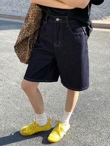 DAZY 少女夏季休闲水洗阔腿牛仔短裤 - 深色水洗藍 - 查看 1