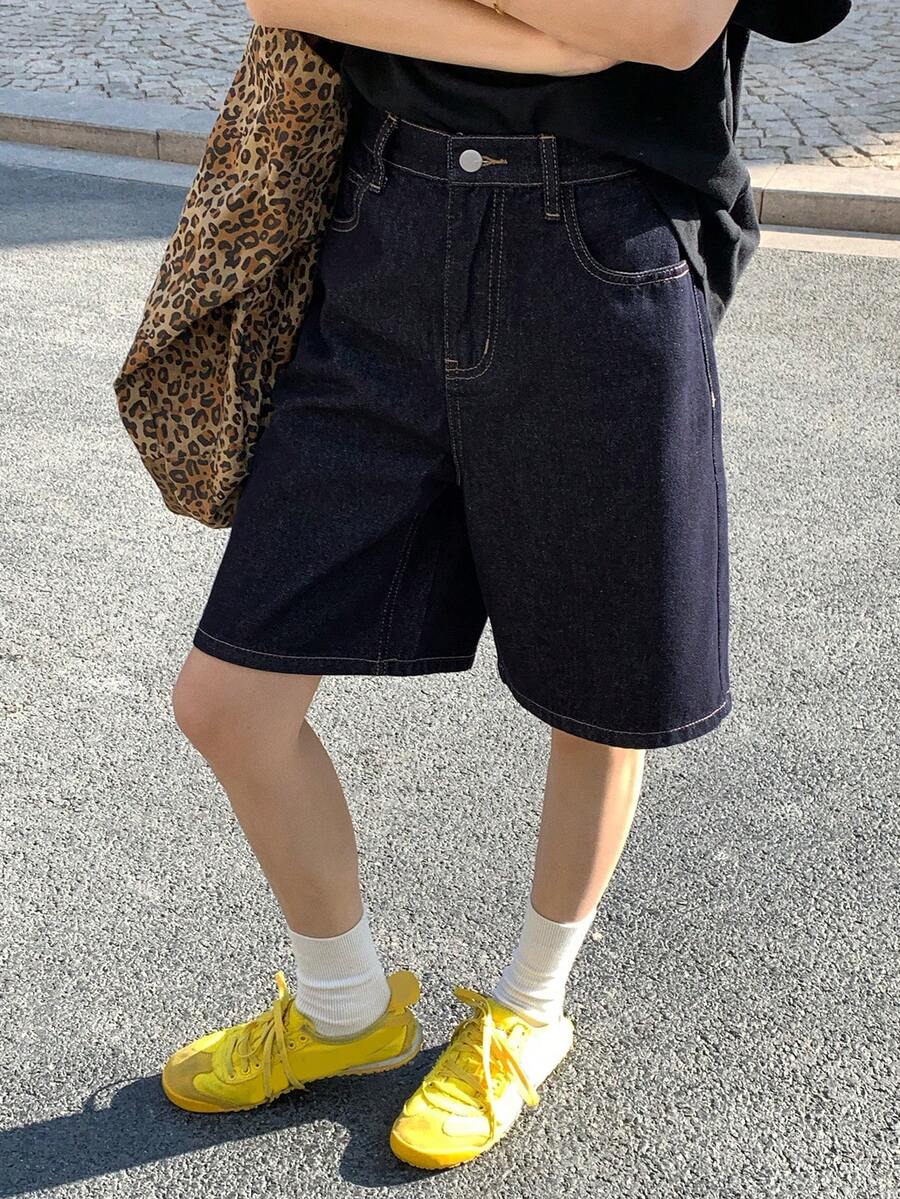 DAZY 少女夏季休闲水洗阔腿牛仔短裤 - 深色水洗藍 - 查看 1