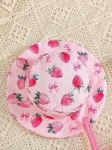 SHEIN 1件女婴吊带粉色连衣裙，罗纹面料收腰，草莓印花无袖吊带裙，配腰带和帽子，休闲可爱时尚，适合夏季日常外出或旅行 - 粉色 - 查看 7