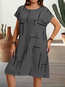 EMERY ROSE Gaun Kasual Longgar Lengan Pendek Leher Bulat Motif Garis untuk Wanita Ukuran Plus Warna Abu-abu untuk Musim Panas - Grey - View 4