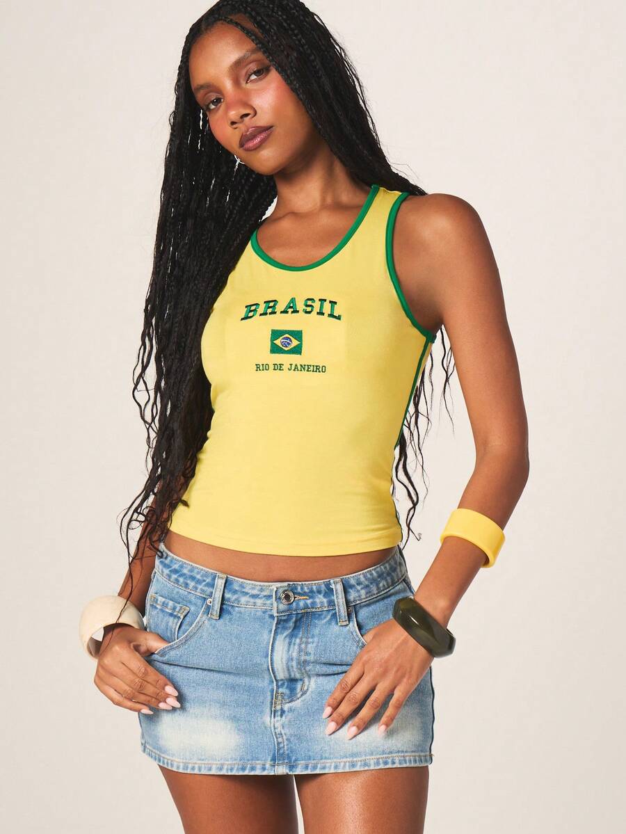 MISSGUIDED Camiseta sin mangas con cuello de pico y estampado de Río de Janeiro, con temática de la bandera de Brasil, para usar en vacaciones de verano - Amarillo - Ver 1