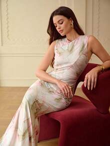 ZEYLAH 印花网纱褶皱鱼尾无袖连衣裙 - 灰綠 - 查看 6