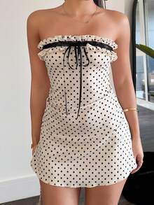 LHSEPT 女士荷叶边波点印花撞色蕾丝无肩带迷你连衣裙 - 白色 - 查看 6