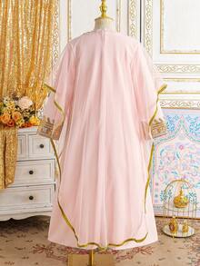 Tween Girls 2 Pieces Middle Eastern Abaya Set, Apricot Long Sleeve Children Clothing, Holiday Outfit - Pink - View 2