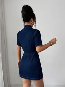 Elenzga 女士短袖单排扣口袋休闲牛仔连衣裙 - 藍色 - 查看 2