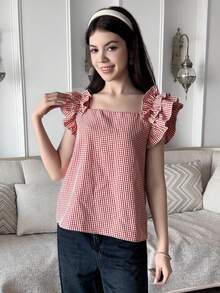 Teen Girls Casual Plaid Ruffle Collar Fitted Blouse, Preppy Shirt, All-Match Versatile Shirt, Y2K Style Shirt, Suitable For Teenagers - Red - View 5