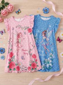 Set de 2 piezas de camisón y ropa de estar informal con volantes en las mangas para niña, para primavera/verano - Multicolor - Ver 3