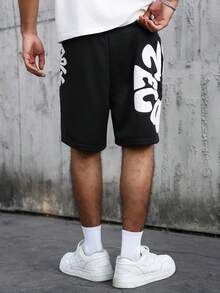 SLATEMANN 男士字母印花抽绳腰休闲宽松短裤 - 黑色 - 查看 4
