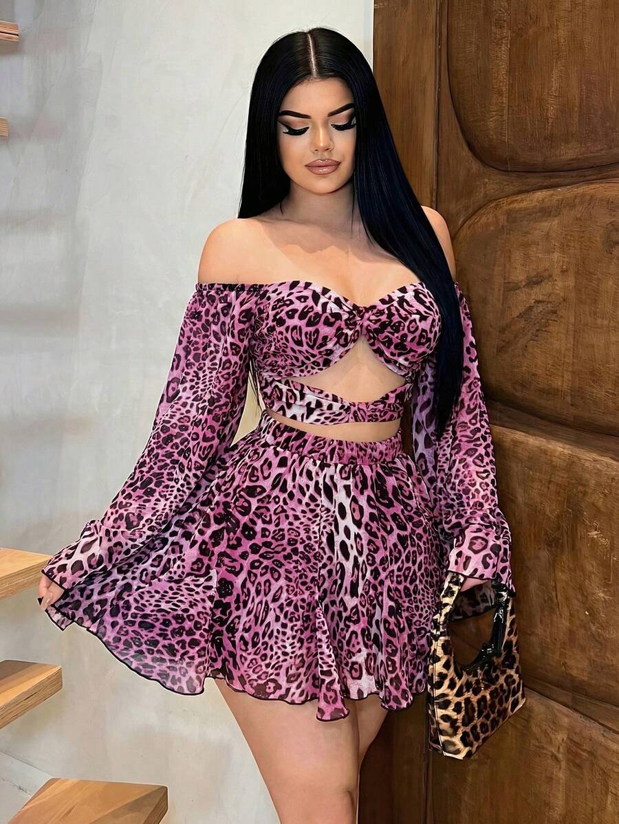 SHEIN SXY 1pc Sexy Off-Shoulder Leopard Print Hollow-Out 2 Pieces Set Woman Two Piece Set Cheetah Print Two Piece Leopard Print Two Piece Short Skirt Two Piece Set Sexy Two Piece Sets - Purple - View 1