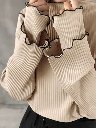 FRIFUL Camiseta casual versátil de manga larga con cuello alto de textura acanalada, diseño de 2 en 1 con borde de unión en contraste, de tela suelta, para otoño/invierno