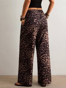 Freevana Women Leopard Print Letter Applique Pocket Wide Leg Casual Pants Boho For Leapord Animal - Brown - View 3