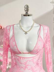 PetitDoll Set de 2 piezas de bodys sexy de encaje semitransparente para mujer, regalo del Día de San Valentín - Rosa - Ver 7