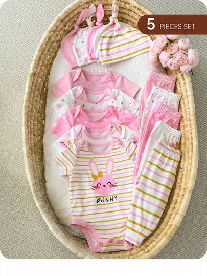 SHEIN Newborn Baby Girl 15pcs/Set Spring/Summer Cute Knitted Polka Dot Rainbow Sun Strawberry Pattern Jumpsuit, Hat, Mittens Set,Suitable For Home And Daily Life Print