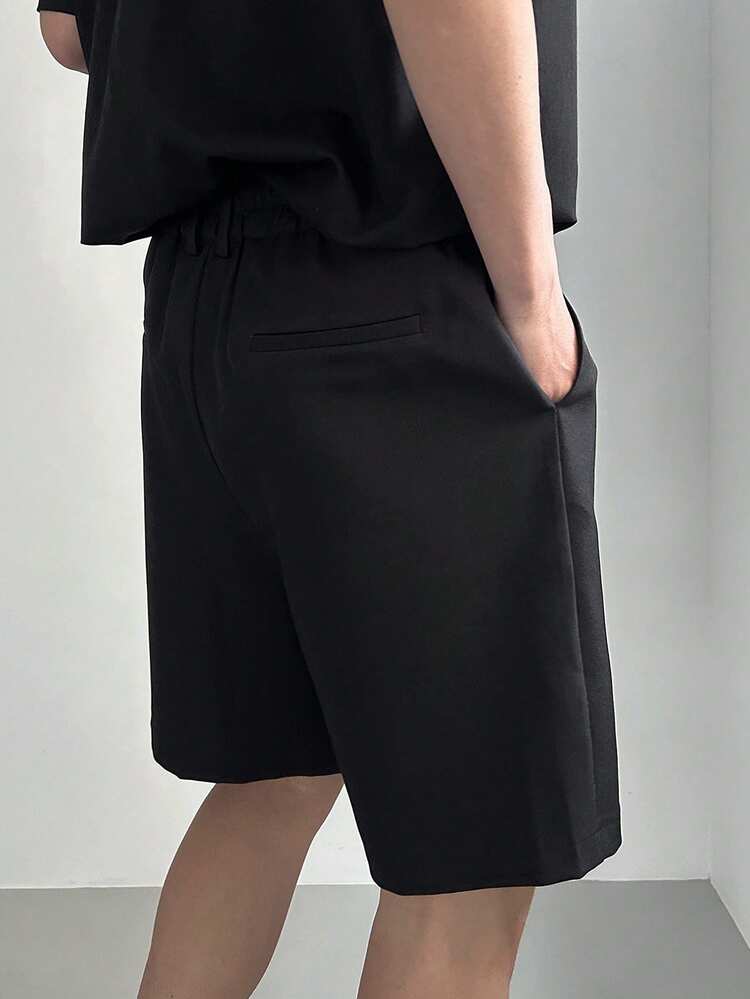 Men's Solid Black Pleated Casual Shorts, Suitable For Commuting In Summer