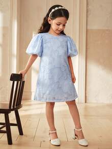SHEIN 女童泡泡袖隐形拉链装饰休闲时尚圆领A字连衣裙 - 藍色 - 查看 5