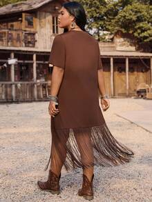 Nubod Vestido holgado, cómodo y romántico de estilo boho chic para mujer talla grande, con parches tejidos y flecos, cintura elástica, corte evasé, adecuado para primavera y verano, ideal para la playa y los viajes. - Marrón - Ver 2