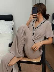 Napfluff 女士宽松舒适针织撞色领短袖睡衣套装 - 彩色 - 查看 6