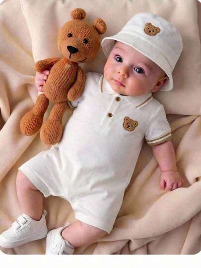 Newborn Baby Boy And Girl, Comfortable, Casual, Versatile, Schoolgirl Style, White Short-Sleeved Collared Romper With Pony Pattern And Sun Hat Set. Suitable For Spring And Summer, Both Indoors And Outdoors, For Everyday Wear, Sports, Play, Parties, Photoshoots, Vacations, And Holidays.