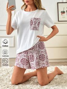 SHEIN %100 Cotton Cute Paisley Pattern Pocket Detailed 2 Pieces Casual Lounge Set - Burgundy - View 1