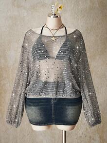 SHEIN ICON Plus Size Y2K Sequin Sheer Cover Up, Casual Sequin Loose Lantern Sleeve Vacation Cover Up, Suitable For Music Festival, Beach, Date - Grey - View 3
