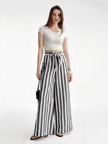 Aveloria Modichic Minimalist Versatile Vacation-Style Wide Striped High-Waisted Loose Wide-Leg Pants With Belt - Light Grey - View 4