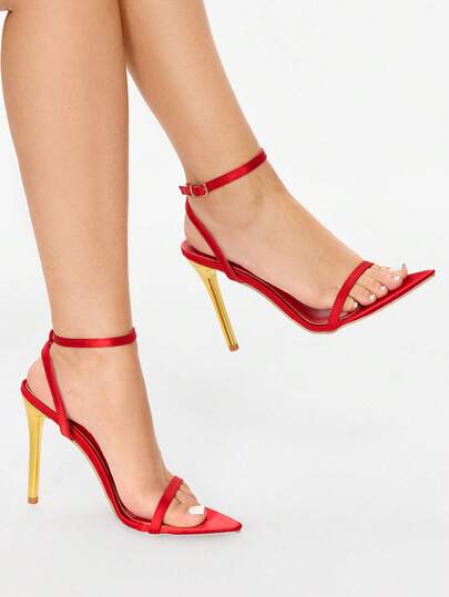 Glitzique 春夏女士时尚红色缎面踝带尖头金色搭扣正式高跟凉鞋，细高跟鞋