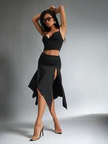 Denimoi 高开衩不对称半身裙度假装扮 欧洲夏季伊比沙岛性感半身裙 - 黑色 - 查看 5