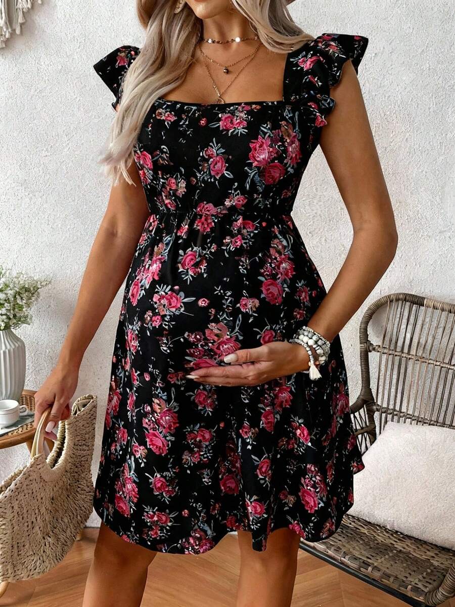 SHEIN 孕妇印花方领短袖连衣裙,适合度假 - 黑色 - 查看 1