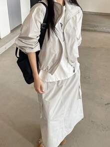 DAZY 女士纯色长袖拉链外套和带工装口袋的A字裙休闲两件套夏季家居服套装，女士短款套装 - 灰色 - 查看 2