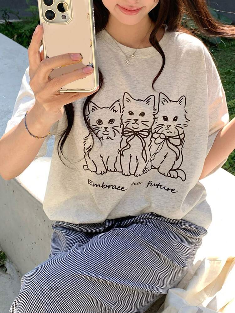 Women's Retro Cute Bow Tie Cat Short Sleeve Loose Cotton Casual T-Shirt Graphic Tees Women Oversized