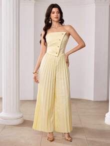 Modelyn Women's Sexy Asymmetric Strapless Backless Metal Button Pleated Leg Jumpsuit, Fashionable And Elegant For Summer - Yellow - View 6