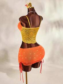 Amplova 女士水钻装饰撞色蕾丝修身性感吊带背心，夏季休闲上衣，适合春节派对、复活节、海滩度假、婚礼及活动、毕业典礼、外出、生日等场合，优雅海滩度假上衣，休闲橙色夏季上衣，龙舌兰日出节上衣 - 黃色 - 查看 13