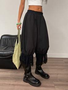 Muchica Women's Black Elastic Waist Contrast Lace Loose 7/8 Pants With Lace Hem,Summer Outfits For Women,Going Out Outfits - Black - View 5