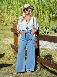 EMERY ROSE Women's Frill Waist Tie Pocket Wide Leg Loose Fit Jeans - Blue - View 5