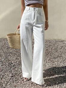 DAZY Women's Casual White Wide-Leg Jeans, Spring/Summer - Beige - View 7