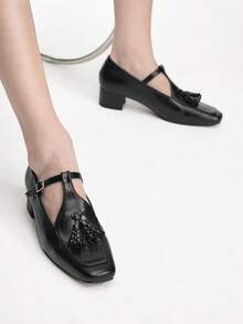 Mnmlis Women's Tassel Design Buckle Closure Square Toe High Heel Shoes - Black - View 1