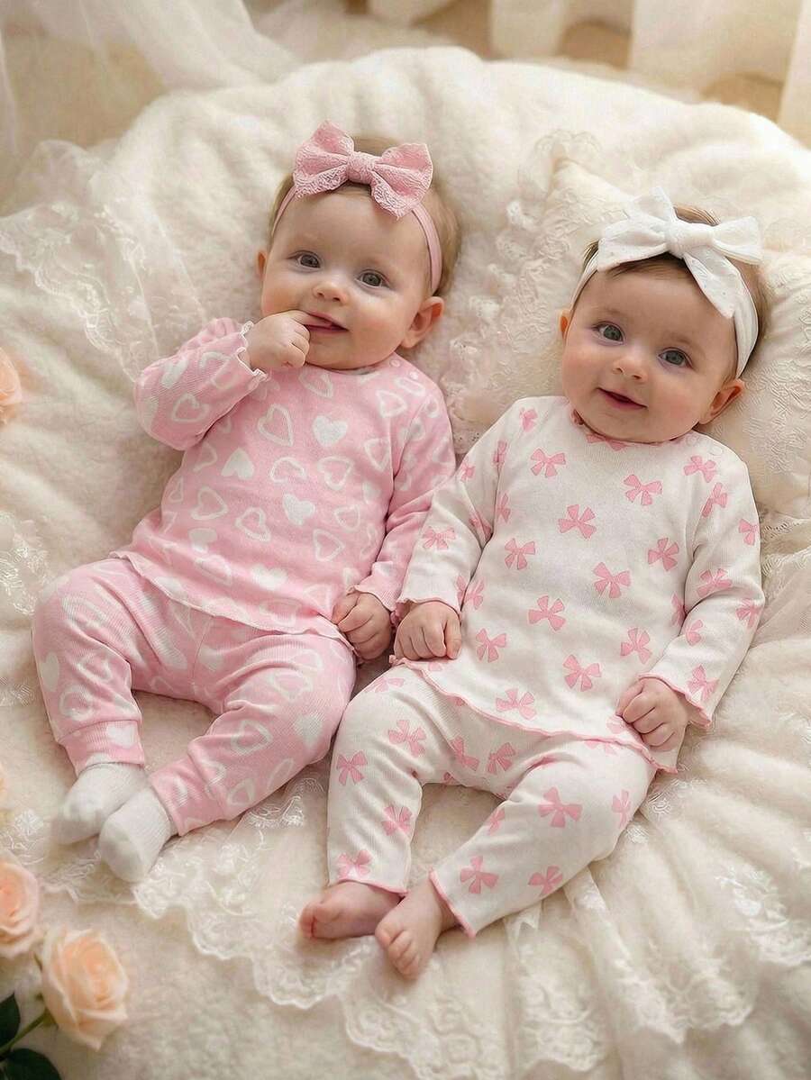 SHEIN Bộ đồ cho bé sơ sinh dễ thương, đơn giản, thoải mái với họa tiết trái tim và nơ: áo dài tay và quần. - Hồng - Xem 1