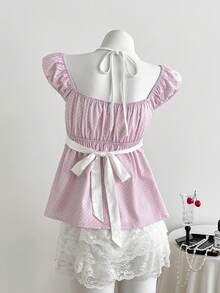 Sweetra French Romantic Beach Vacation Spring/Summer Sweet Polka Dot Halter Neck Cap Sleeve Double Ruffle Hem Women Pink Blouse - Pink - View 2