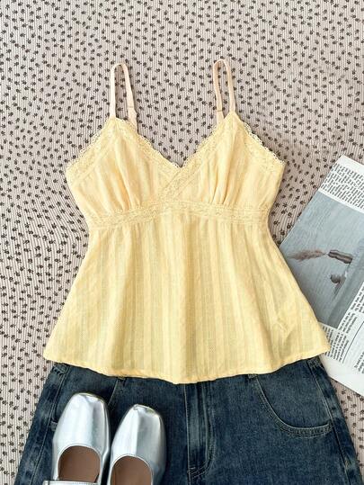 SHEIN Tween Girls Lace Camisole, Elegant Solid Color Lace Trim Camisole, Suitable For Summer, Vacation, Casual, Home, BM Style Yellow Top For Teen Girls Babydoll Tops Aesthetic Summer Tops For Teen Girls Spaghetti Straps Butter Yellow Top