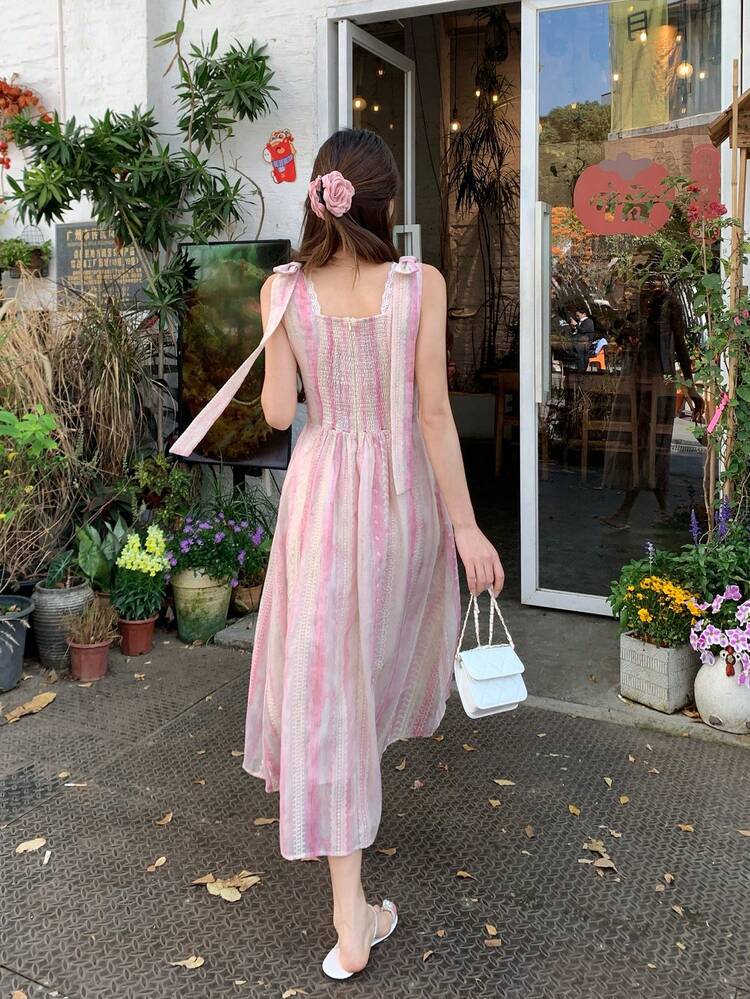 Women's Casual Striped Lace Trim Sleeveless Midi Dress For Vacation Sundress Floral Dresses For Women