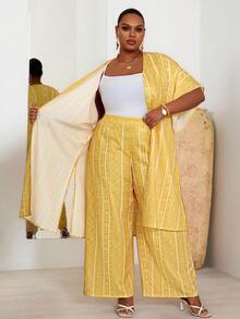BrightlyHer Set 2 Potong Jubah Lengan Pendek Motif Geometris untuk Wanita Ukuran Besar dan Celana Panjang Lebar - Kuning - View 7