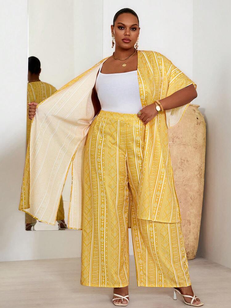Plus Size Women Geometric Print Short Sleeve Robe And Wide Leg Pants Loose 2 Pieces Set Women Vacation Outfit Sets Women S Summer Co Ord Women 2 Piece Outfit Casual Women S Summer 2 Piece Sets Summer Outfits For Women  Beach Outfit For Women  Casual  Vacation Outfits Women Country Concert Outfit Peplum