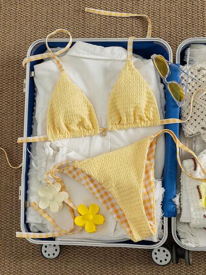 Swim Mod 2026 New Spring/Summer Plus Size Women Sweet Spaghetti Strap Reversible Yellow Triangle Bikini Set, Suitable For Beach And Vacation